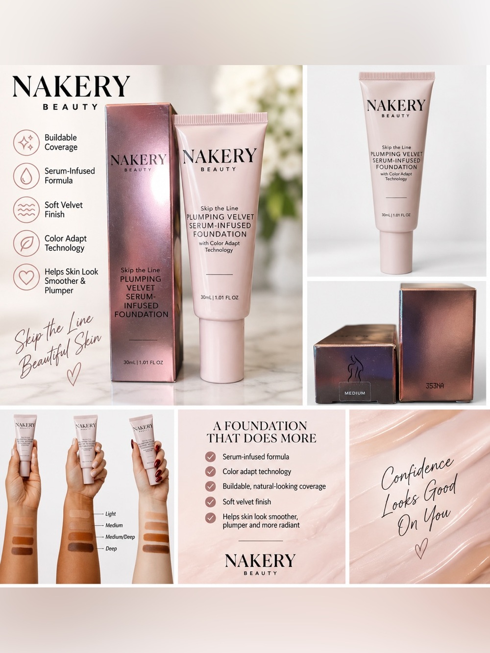 Nakery Beauty Skip the Line Plumping Velvet Foundation Medium 1.01 oz